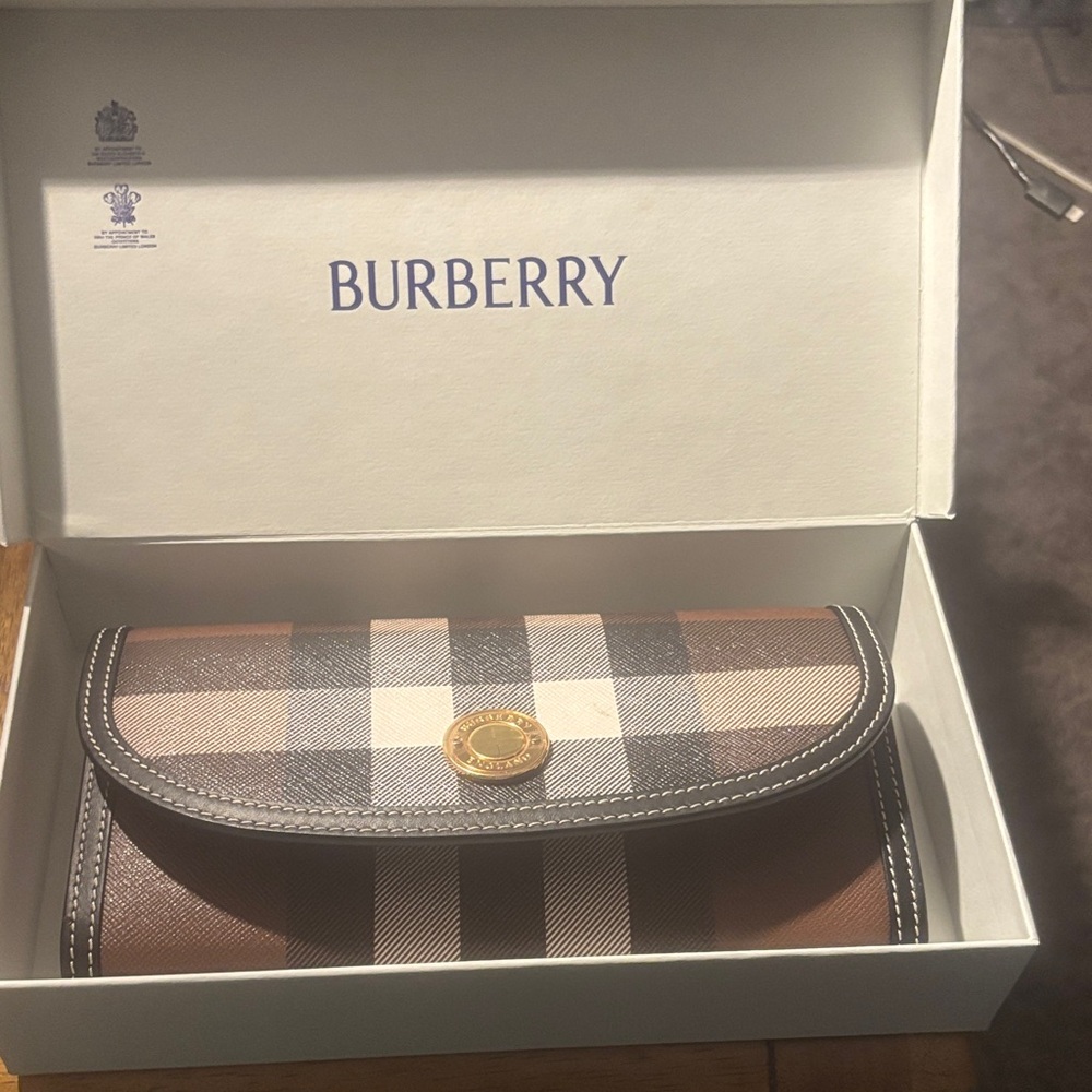 Burberry Brown Plaid Fold-Over Wallet with Gold-Tone Snap